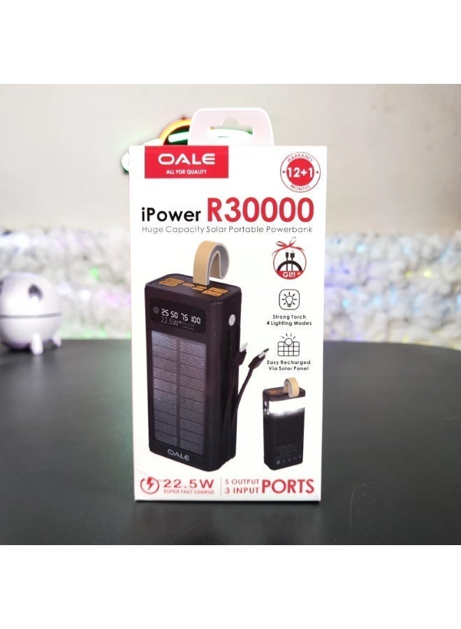 OALE 30000mAh Solar Power Bank, 22.5W Fast Charging, Built-in Type-C & Lightning Cables, Multiple USB Outputs - Image 3